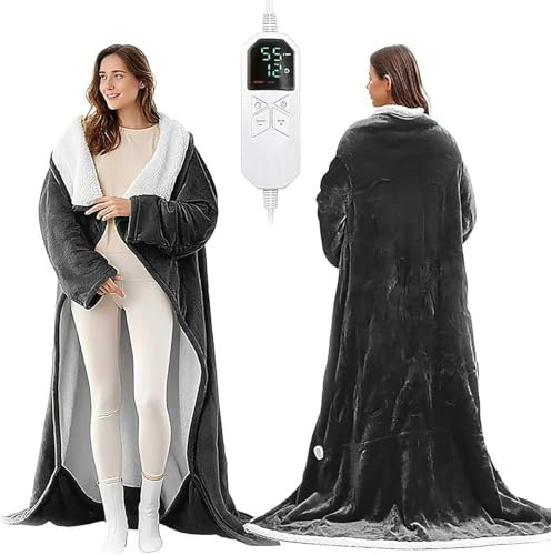 Mixtric Coperte Elettriche Indossabili Coperta Riscaldabile Morbida Sherpa in Flanella Coperta Elettrica Riscaldante con Cappuccio, Maniche E Tasca per I Piedi,Grigio,127x177cm