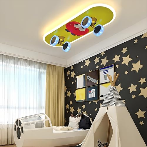 LED Kinderzimmer Deckenlampe | RGB Farbwechsel Dimmbar mit Fernbedienung & APP | Skateboard Design Kinder Deckenlampe für Junge/Mädchen Schlafzimmer Modern Deko | mit Memory-Funktion, Cute, Yellow