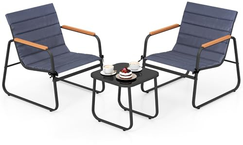 GOPLUS Salon de Jardin Extérieur 2 Personnes, 3+2Pcs Salon de Balcon avec 2 Chaises et Table Basse, Mobilier de Terrasse en Métal avec 2 Coussins Amovible(2 Personnes|Coussin,Gris|Accoudoir)