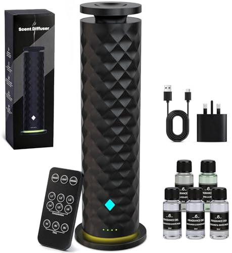 Startpaket med vattenfri doftspridare – fjärrkontroll kallluftsdiffusor med 5 oljor, 1 000 kvm täckning omgivande ljus, ultratyst tyst nebuliserande aromaterapi för hem, kontor, sovrum och spa