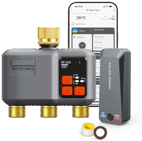 Bevattningsdator WLAN 3 utgångar med mässingsinlopp och utlopp/300 m RF-teknik, bevattningsklocka för trädgårdsbevattning kompatibel med Alexa & Smart Life-app, automatiskt bevattningssystem