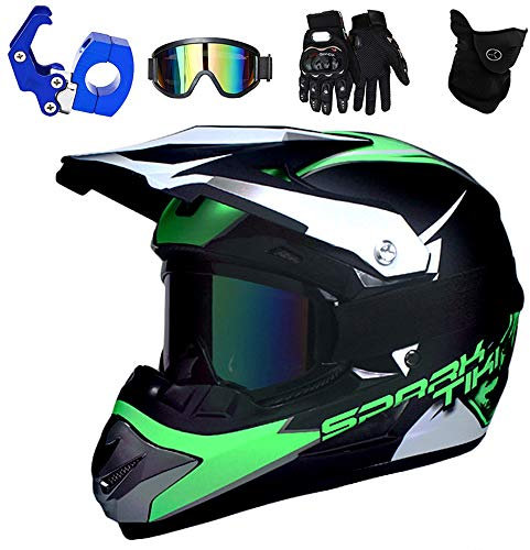 PKFG® Motocross Helm mit Brille, Motorrad Downhill Helm Kinder Grün mit Helmhaken und Handschuhe, Mountainbike Enduro Helm für Mädchen/Damen Kopf und Hals Sicherheit Schutz, S (52~53CM)