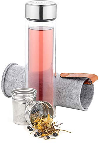 Navaris Glass Water Bottle 500ml - Double Walled Borosilicate Glass Tea Bottle with Stainless Steel Removable Infuser, Lid, Protective Felt Sleeve