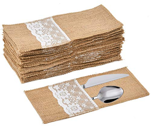 N/A 40 Stück natürliche Sackleinen-Utensilienhalter, Messer, Gabeln, Tasche, Bestecktasche, Besteckhalter, Sackleinenspitze, Sackleinen, rustikales Landhausstil, für Hochzeit, Festival, Event, Tischde