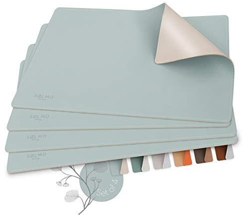 Sølmo Designer Place Mat Set of 4, PU Leather, Heat Resistant, Wipe Clean, Sky Blue/Silver