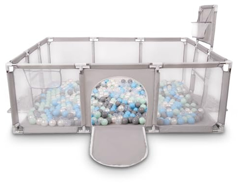 Selonis Laufstall Baby Großer Spielplatz Mit 100 Bälle Laufgitter Für Kinder, Grau:Perle/Grau/Transparent/Babyblue/Minze