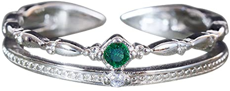 NicoWerk SRI710 - Anello da donna semplice, in argento sterling 925, a doppia fila, con pietra verde e zirconi, regolabile, aperto