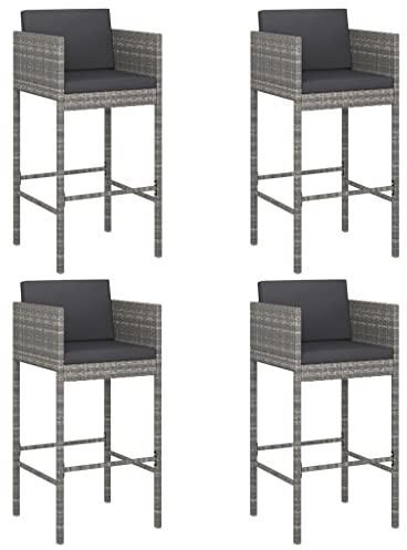 vidaXL 4X Barhocker mit Kissen Küchenhocker Garten Barstuhl Tresenhocker Thekenhocker Tresenstuhl Bistrohocker Gartenmöbel Grau Poly Rattan