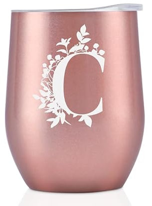 Onebttl Personalised Tumblers with Lids for Women, Monogrammed Coffee Cup with Initial C, Gifts for Her, Girls, Friends, Mum, Bridesmaids, Sisters, Rose Gold