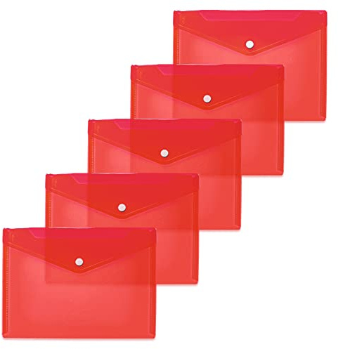 HERMA 20054 Dokumententaschen A5 transparent rot, 5 Stück, kleine Sichttaschen Umschläge mit Druckknopf, Briefumschläge aus Plastik für Schule, Uni, Büro, Reise