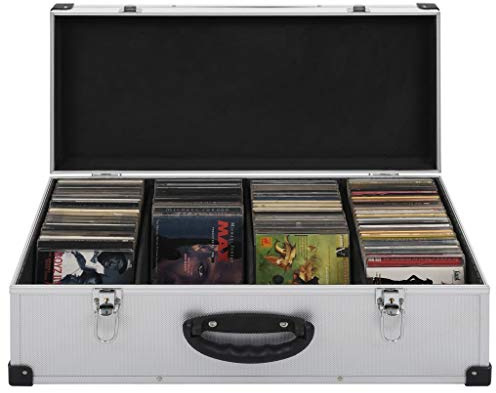 RONGQI Aluminium ABS Silbern CD- und DVD-Aufbewahrungsbox, 56,5 x 29,5 x 18,5 cm, für 80 CDs, DVDs, Medien, Wohnzimmer, Minimalistisch, Abschließbar, 2 Schlüssel