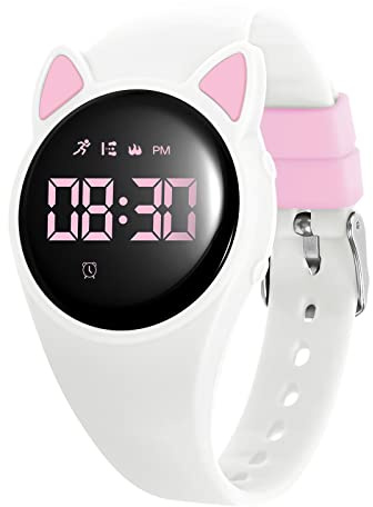 Bigmeda Kinder Armbanduhr Wasserdicht Digitaluhr Vibrationswecker Schritt- und Kilometerzähler, Schlafüberwachung Geeignet für Jungen und Mädchen im Alter von etwa 10 Jahren (Weiß Rosa)