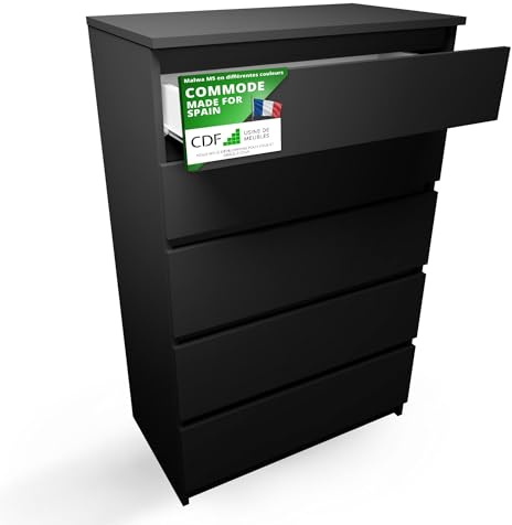 CDF Kommode Schwarz mit 5 Schubladen 109 cm Hoch Sideboard Schmale Komode | Schlafzimmerkommode für Flur Büro Schlafzimmer Wohnzimmer Schubladenschrank Regal mit Schubladen Schrank Modernes Möbelstück