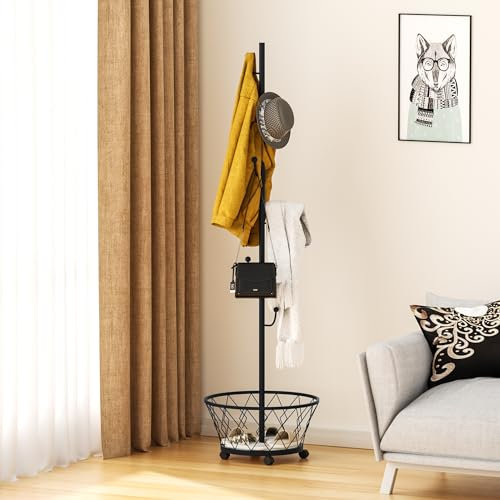 Neohomee Garderobenständer Kleiderständer Metall mit Wäschekorb Kleiderständer auf Rollen Einfache Lagerung für Schlafzimmer, Schwarz