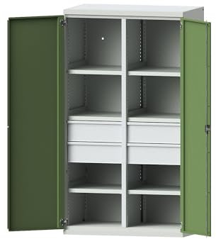 eurokraft | Schwerlastschrank aus Stahl | 6 Fachböden | 4 Schubladen 180 mm hoch | lichtgrau/resedagrün