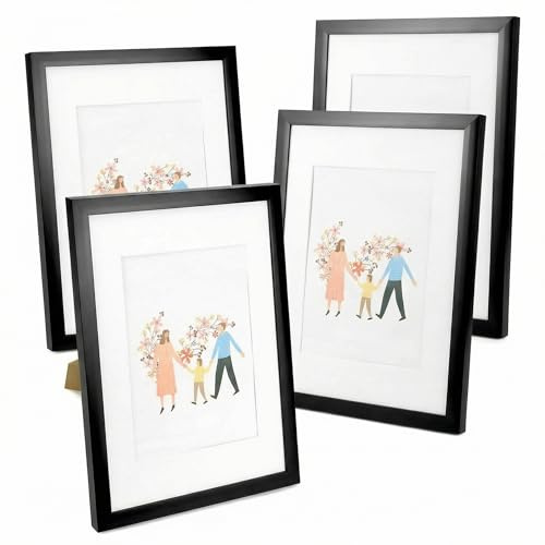 QWORK® 4er Set Bilderrahmen A4 Schwarz, bestehen aus Bruchsicherer PVC Rahmen und HD-Glas, für Tisch- und Wanddekoration