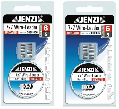 Set: 2 x Jenzi Stahl Vorfach, Powerflex, 7x7, 6, 9, 12, 15, oder 20 kg, mit 20 Klemmhülsen Vorfach + gratis Petri Heil! Aufkleber