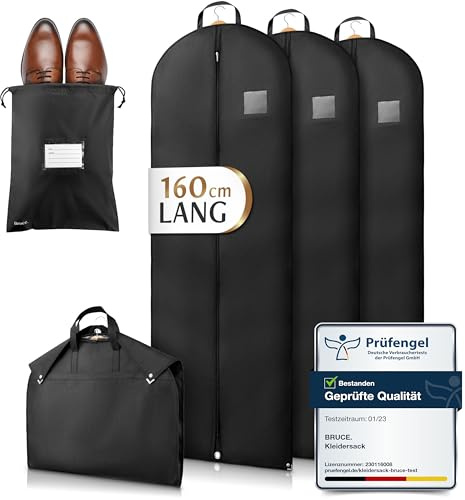 Bruce.® Kleidersack - 3x 160x60 cm Lang – Schwarz | Inkl. Schuhbeutel. Premium Kleiderhülle, 120 GSM, für Abendkleid, Robe & Trachten – atmungsaktiv für Reise & Schrank