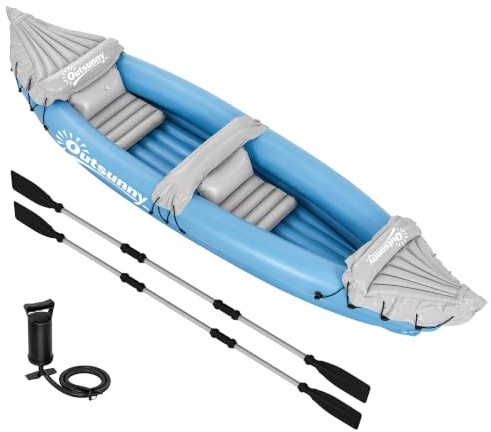 Outsunny Inflatable Kayak 2-Person with Air Pump 318 x 80 x 50 cm Blue | Inflatable Canoe Boat Set, Aluminium Oars
