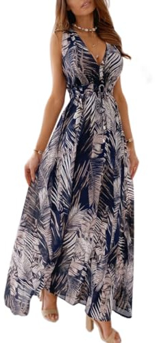 CheChury Femme Robe Longue Col V Backless Dos Nu Taille Haute Boheme Chic sans Manches de Soirée été de Plage Imprimé Maxi Dress