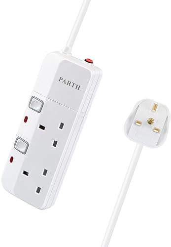 PARTH 3m Extension Lead Surge Protection 2 Gang Plugs Extension Socket with Individual Switches 3 Meters Long Cable 2 Way Wall Mounted Power strip with Heavy Duty Cord 13A Fused UK Plug Sockets 3250W