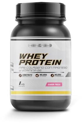 Whey Protein 1KG | 43g Proteína/dosis | Proteína en polvo, BCAA, Glutamina, Colágeno, Magnesio y Vitamina B6 | Aumenta Masa Muscular, Fuerza, Recuperación | Alta Disolución, Fácil Digestión Fresa