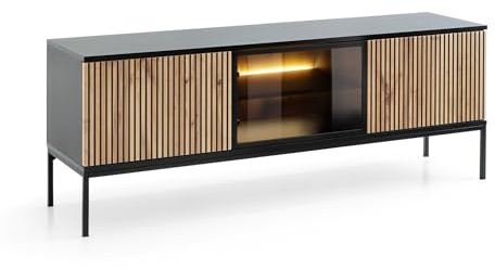 Emporius Daveno TV Kommode Schwarz mit LED, Glas, Lamellen - TV Schrank, Fernseher Kommode, Lowboard 3-türig - 154 cm breit
