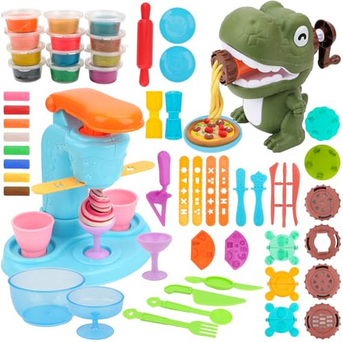 WOOWAIR Pâte à Modeler pour Enfants - 58 Pièces Accessoire Pate a Modeler, Machine à Glace et à Pâtes Dinosaure avec 12 Boîtes - Set d'Outils Moulages dès 3 Ans