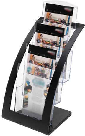 WOTZOV Tisch-Zeitschriftenständer, 3-lagiger Prospektständer/Großer Prospekthalter für Büros, Klassenzimmer, Einzelhandelsgeschäfte, Ausstellungen, Messen, Silber/Schwarz