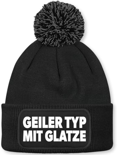 Prozente Momente Geiler Typ mit Glatze – Beanie mit Bommel | Strickmütze | Wollmütze | Beanie mit Druck | lustige Sprüche | Apres-Ski | Winter | Schwarz