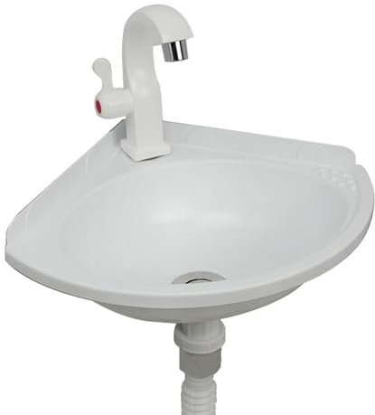 Petit Éviers D'angle Lavabo de Salle de Bain Évier Mural en Plastique Mini Vasque avec Robinet et Kit de Drainage, Lave-Main pour L'intérieur et à L'extérieur, WC Jardin Cave