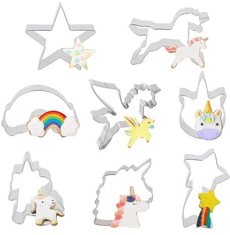 AYNKH 8 Pcs Unicorn Cookie Cutter Set - Stainless Steel with Rainbow, Meteor, Pony Shapes for Biscuits, Sandwiches, Cheese, Pancakes