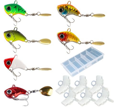 VARKAGE 6 Stück Barsch Köder Set, Angelköder Set mit 1 Box und 6 Fischhakenschutz, Spinner Angeln Künstlicher Köder für Barsch, Forelle, Hecht, Zander, Wels, Döbel