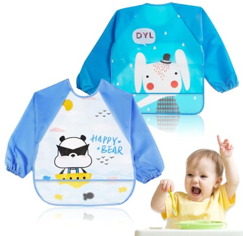 XURJUMI Bavoirs Manches Longues,Set de 2 Peinture Bavoir Imperméable Tablier d'Alimentation avec Poches,Longues Bebe Bavoir pour Unisexe Les Enfants de 6 Mois à 3 Ans,Enfants Mangeant Peinture et Jeu