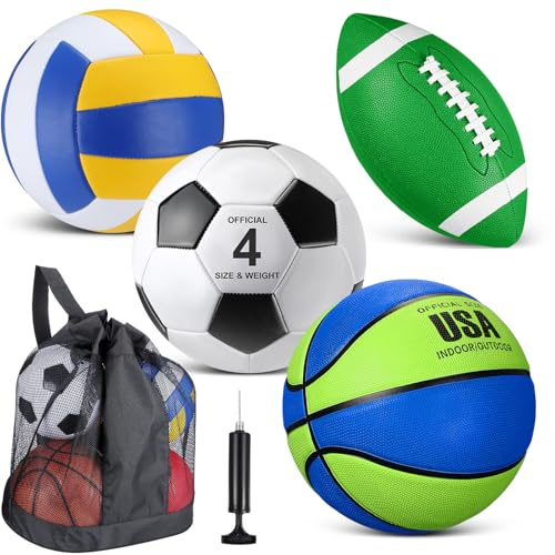 HyDren 4 Pcs Assorted Sports Balls Set for Kids Back to School Recess PE Equipment Official Size Basketball, Soccer, Football, Volleyball with Carry Bag and Pump for Outdoor Playground Gift(Green)