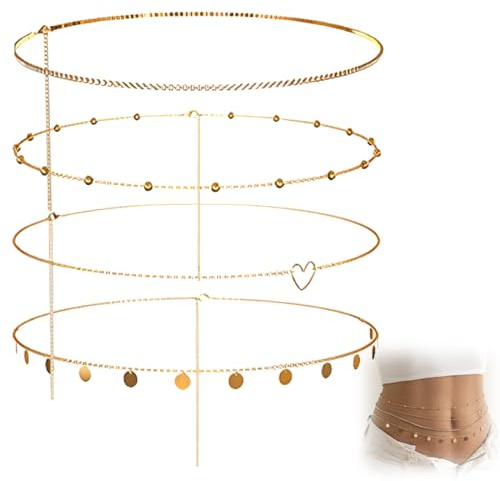 NHQZ 4 pezzi Catena da vita a strati per donna,4 Catene di Pancia a Strati, Catene di vita Lucide, Catene di Bikini,Sexy Bikini Spiaggia Oro corpo Catena(oro)