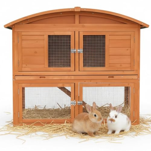 Mucola Hasenstall Kaninchenstall Runddach mit Freilauf 120x56x98 cm Braun | Etagen mit Rampe verbunden, geschützter Rückzugsbereich, von fast allen Seiten einsehbar, robust und langlebig, Hasenkäfig