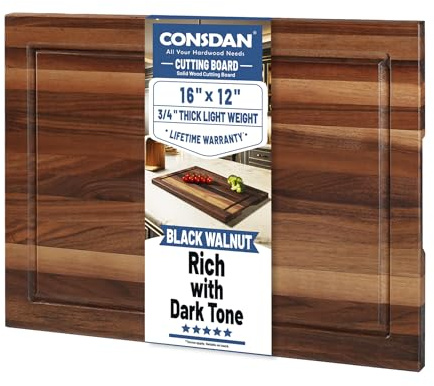 CONSDAN Wood Cutting Board for Kitchen, 16 x 12, USA Grown Solid Black Walnut Hardwood, Edge Grain, Chopping Board, Butcher Block with Juice Groove, Prefinished with Food-Safe Oil, 3/4 Thick