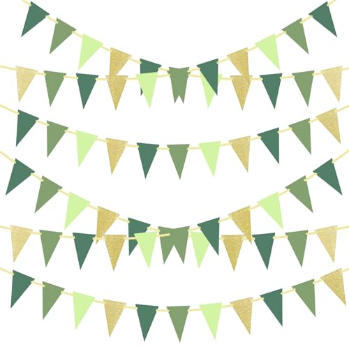Huoflame 4 Stück 5M Wimpelkette - Boho Deko - Wiederverwendbare Geburtstag Girlande für Geburtstag Girlande Hochzeit Party Einschulung Kinderzimmer Outdoor (Grün + Gold)