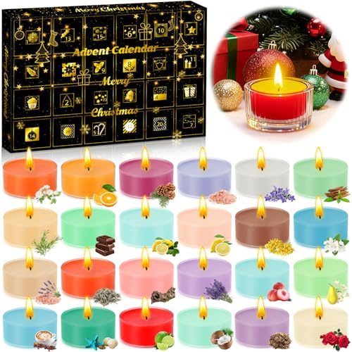 TEWWCEO Calendario de Adviento 2025 Velas, Set de Regalo de Velas Perfumadas, con 24 Velas de Té Perfumadas y 1 Portavelas, Calendario de Navidad Regalo para Madre, Hermana, Hija y Novia