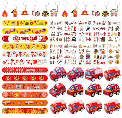 Eymobad Feuerwehrmann Party Deko Kindergeburtstag,46PCS Feuerwehr Party Mitgebsel mit 12 Schlüsselanhänger,12 Schnapparmband,10 Temporäre Tattoos,Fireman Spielzeug für Kinder Jungen Mädchen