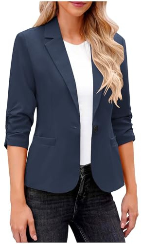 Dyhxuan Blazer pour femme - Élégante veste blazer à manches 3/4 - Décontractée - Sportif - Col à revers - Veste de costume ouverte à l'avant - Veste de costume pour le bureau, Marine, XL