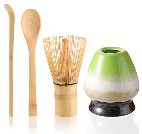 Mycketop Starter Matcha Set de 4 Pièces Fouet en Bambou Pelle, Cuillère, Fouet en Céramique, Accessoire de Démarrage pour Cérémonie du Thé Japonaise, Cadeau pour Amateurs de Matcha, Dégradé Vert