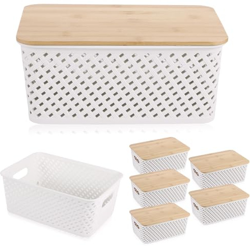 PCXWTLN Storage Boxes with Bamboo Lid, 6 Pack Stackable Storage Baskets Plastic Lidded Storage Small Woven Box Baskets for Home Office Closet Shelves Drawers Desktop (White)
