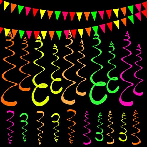 INNAL 22 Stück Neon Papiergirlande Set Spiral Luftschlangen Geburtstag Schwarzlicht Dekorationen Wimpelkette Party Girlande Neon Deko Hängende Girlande für Fasching Geburtstag Karneval Weihnachten