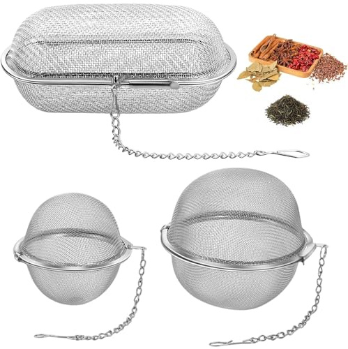 3 Stück Gewürzsieb Set, Gewürzei Edelstahl, Gewürzsäckchen Zum Mitkochen, Teesieb Für Losen Tee, Teeei Groß für Tee Und Gewürze, für Losen Tee, Gewürze und Gewürze (Elliptisch, Kreisförmig)