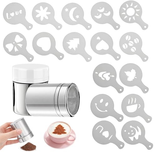 2 Stück mit Deckel und 16 Schablonen für Verzierungen, Puderzuckerstreuer, Puderzuckermühle mit Kakaostreuer für Cappuccino, Hochwertiges Design für gleichmäßige Verteilung