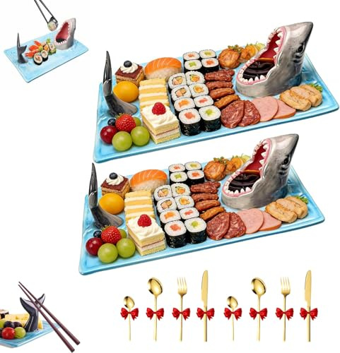 Blue Ceramic Shark Plate with 4* Tableware, Shark Sushi Plate with Dipping Sauce Bowl, Creative Sharks Shaped Serving Platter, Hand-Painted Food Serving Tray, Holiday Birthday Gifts(2PC)