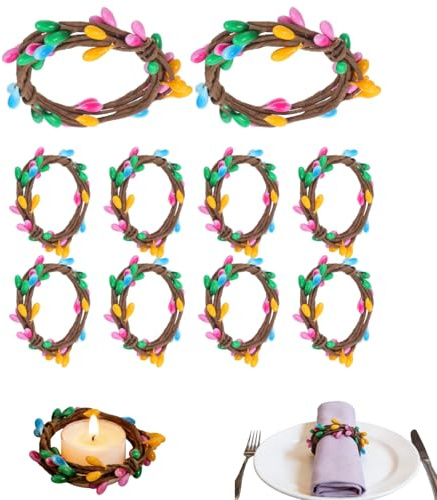 ULTECHNOVO Spring Berry Napkin Rings Set of 10, 4.5cm Mini Wreath Candle Rings with Pastel Twig & Matte Berries, Handwoven Table Decor for Easter Lunch, Wedding Party & Rustic Home