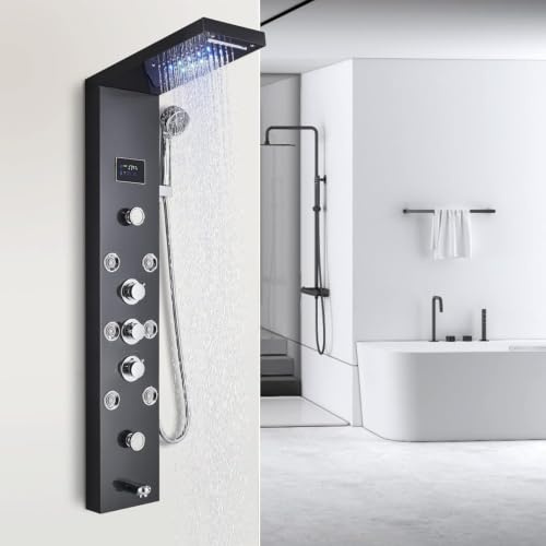 LED Colonne de douche hydromassage en acier inoxydable 304 avec mitigeur de massage, pomme de douche fixe, douche et bouche baignoire 5 fonctions pour salle de bain noire